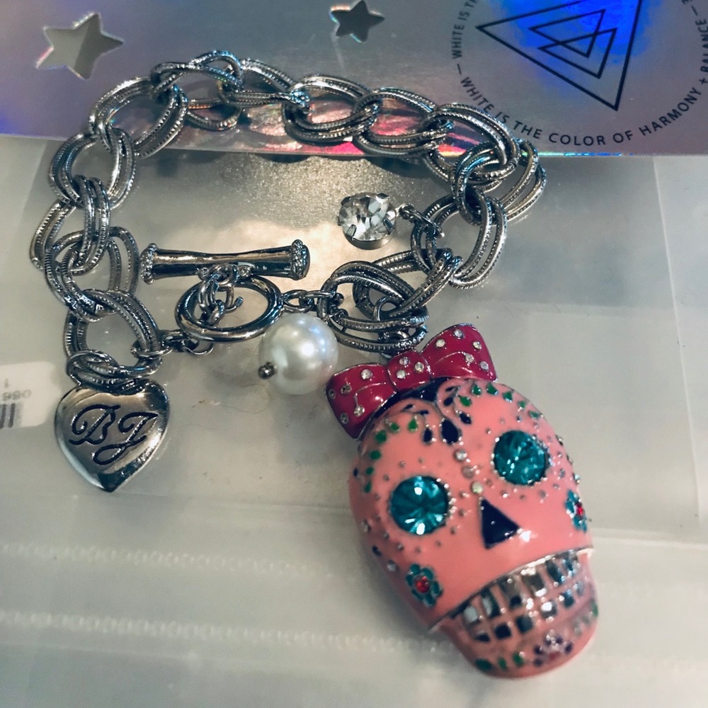 Pink skull day of the dead Betsey Johnson vintage charm bracelet silver crystal